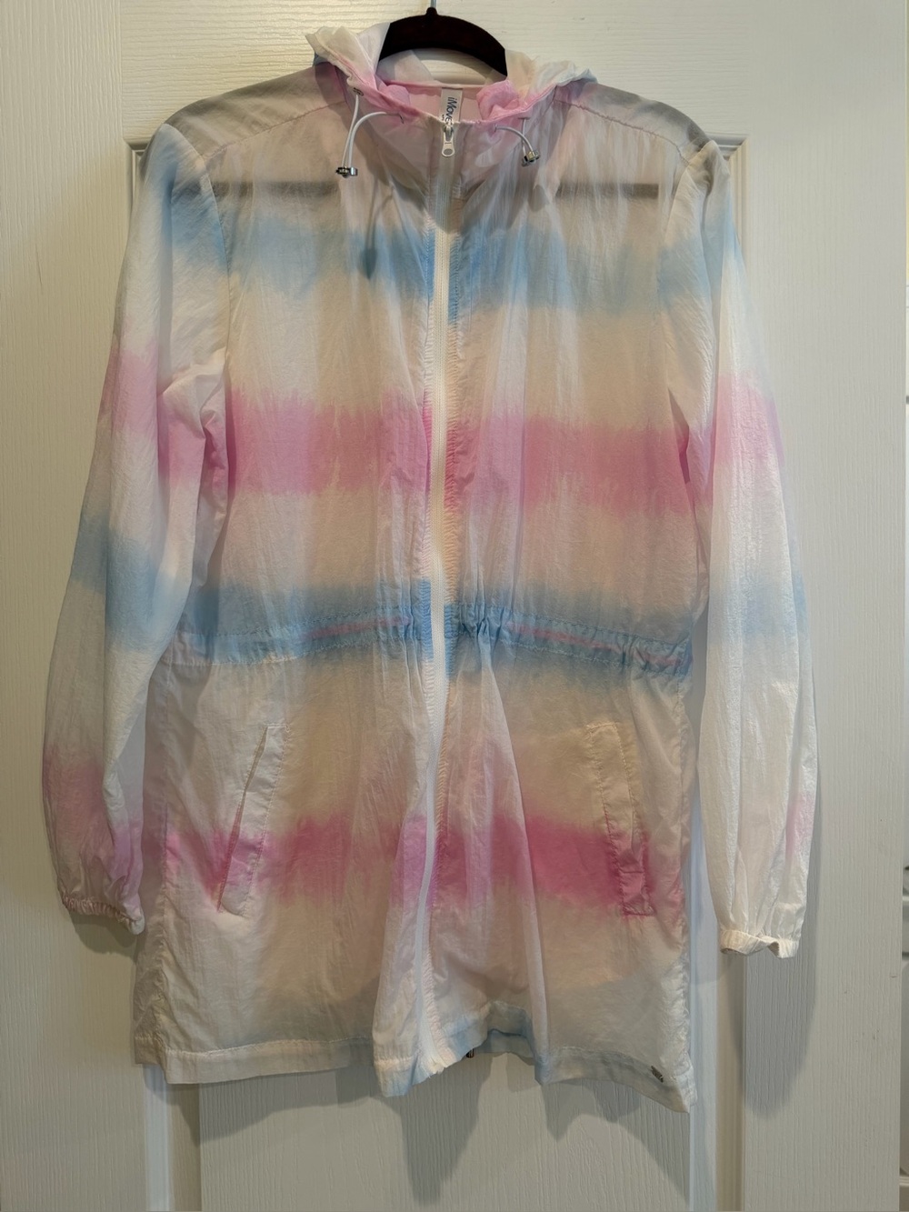 I Move Lightweight White Hooded Windbreaker Jacket with Pink & Blue Stripes